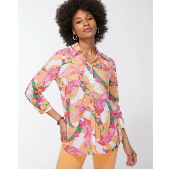 Chico's Tops - Chicos Shirt Women 1 US 8 Orange Pink Foliage Floral No Iron Linen 3/4 Sleeve